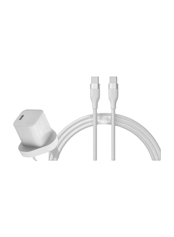 EKR شاحن سريع EKR 33W USB-C PD GaN مع محول حائط، آيفون 13/14/15/16/17، سامسونج جالاكسي، بيكسل، آيباد، آيربودز، أبيض و كابل شحن سريع EKR 100W USB-C إلى USB-C مضفر | 2م | شريحة Emark | نقل بيانات عالي السرعة - أبيض - Image 1