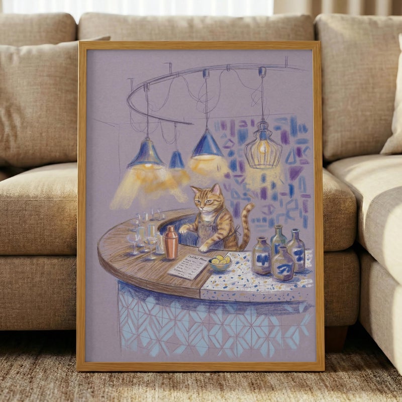 TNESSENTIAL Cat Bartender Art Print – Pastel Cocktail Poster, Funny Feline Bar Decor, Kitchen Wall Art, Trendy Drink Illustration, Pet Lover Gift - Image 1