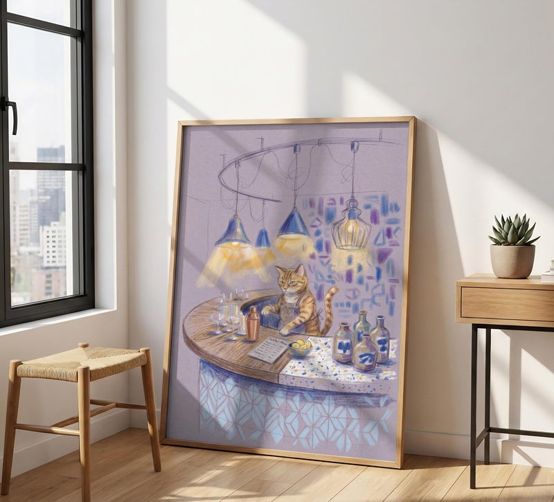 TNESSENTIAL Cat Bartender Art Print – Pastel Cocktail Poster, Funny Feline Bar Decor, Kitchen Wall Art, Trendy Drink Illustration, Pet Lover Gift - Image 4