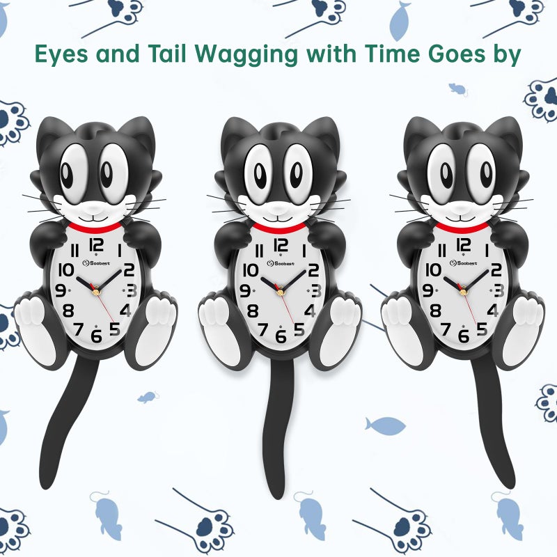 Soobest 18 Inch 3D Large Cat Wall Clock Battery Operated Silent Non Ticking with Moving Eyes and Pendulum Tail, Retro Kids Analog Wall Clock for Gift Decor Black - Image 4
