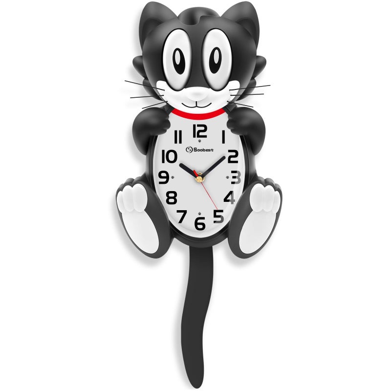 Soobest 18 Inch 3D Large Cat Wall Clock Battery Operated Silent Non Ticking with Moving Eyes and Pendulum Tail, Retro Kids Analog Wall Clock for Gift Decor Black - Image 1