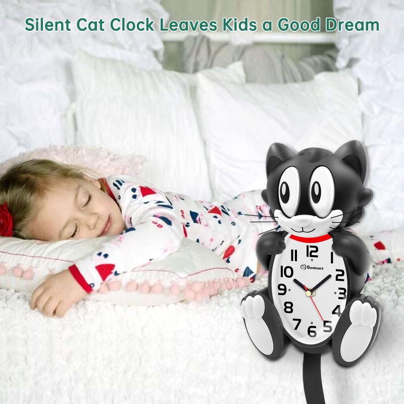 Soobest 18 Inch 3D Large Cat Wall Clock Battery Operated Silent Non Ticking with Moving Eyes and Pendulum Tail, Retro Kids Analog Wall Clock for Gift Decor Black - Image 5