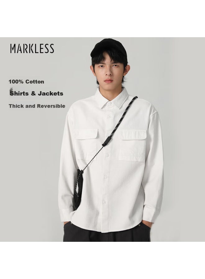 Markless Men's Autumn Pure Cotton Casual Shirt Solid Color Loose Fit Csb3510m White XL - Image 1