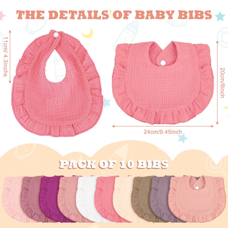 Seematn 10 Pcs Baby Muslin Bibs for Unisex Girls & Boys Drool Bibs Bandana Ruffle Soft Cotton for Newborn Infants Toddlers(Retro Colors) - Image 2