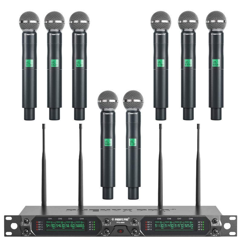 Phenyx Pro نظام ميكروفون لاسلكي فينيكس برو، ميكروفون لاسلكي 8 قنوات UHF مع ميكروفونات لاسلكية محمولة معدنية، ميكروفون ديناميكي بتردد ثابت للكاريوكي، الكنيسة، الغناء، الدي جي، مدى 260 قدم (PTU-4000-8H) - Image 1