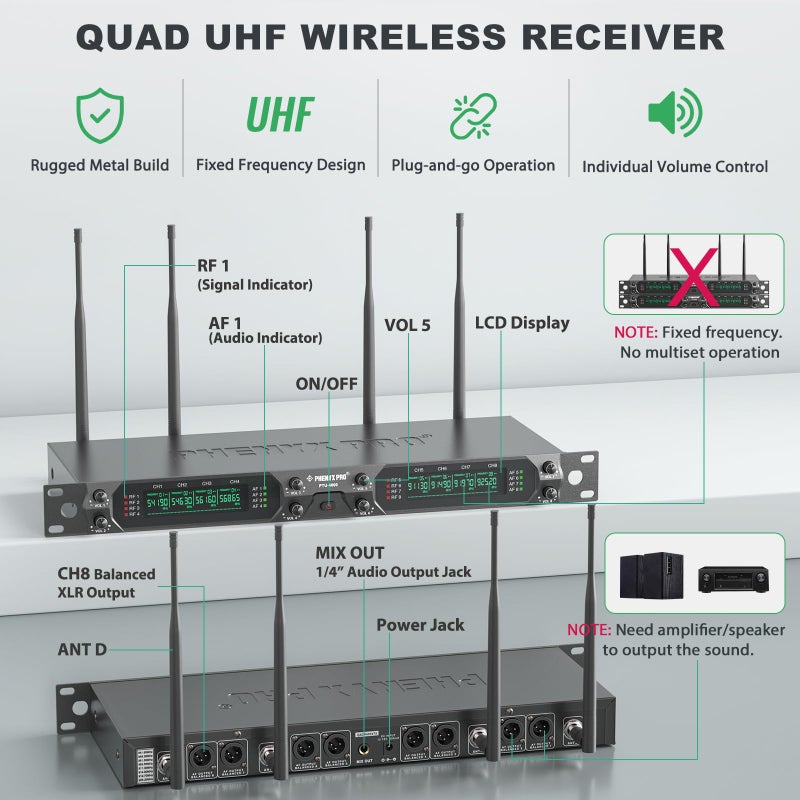 Phenyx Pro نظام ميكروفون لاسلكي فينيكس برو، ميكروفون لاسلكي 8 قنوات UHF مع ميكروفونات لاسلكية محمولة معدنية، ميكروفون ديناميكي بتردد ثابت للكاريوكي، الكنيسة، الغناء، الدي جي، مدى 260 قدم (PTU-4000-8H) - Image 4