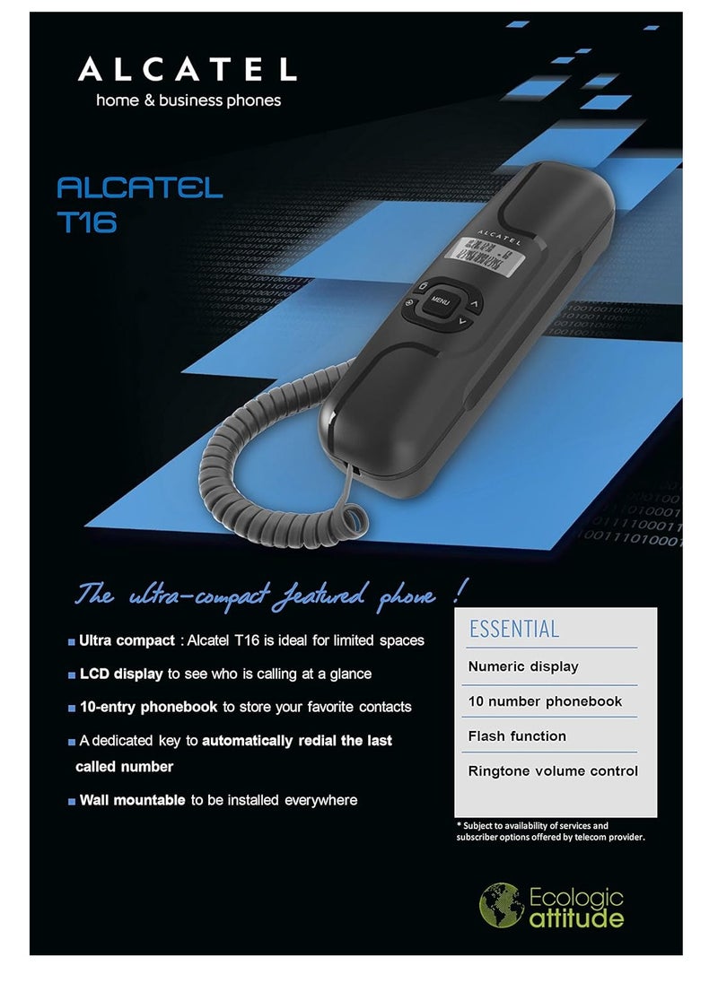 Alcatel - Black Ultra Compact Corded Landline Phone T-16 With Numeric Display Along With Caller ID Wall Mounted - Image 1