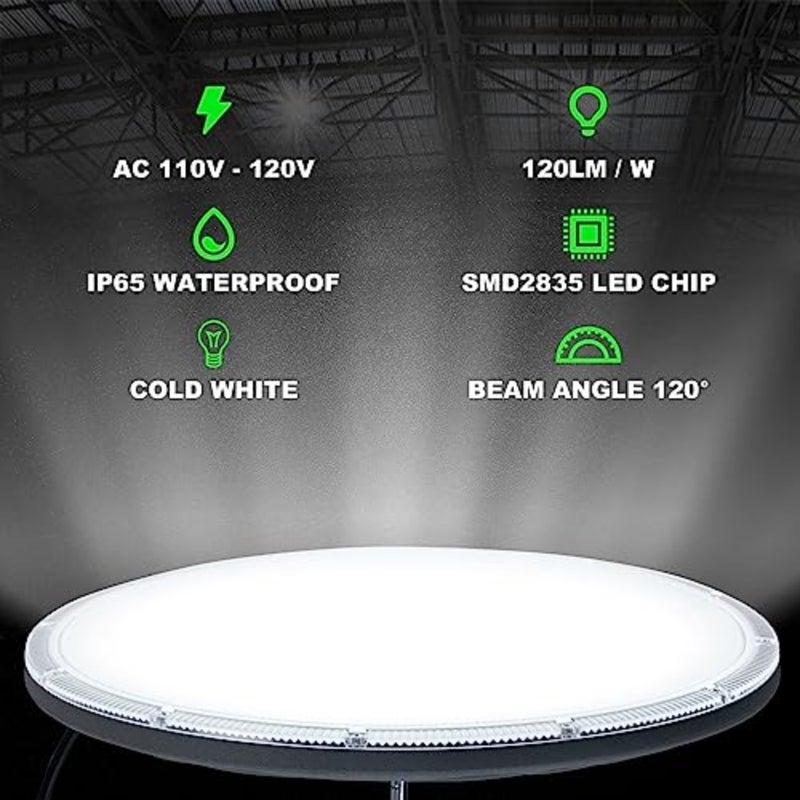 200 واط LED UFO High Bay Light، UFO High Bay Spot Light 6500 K أبيض بارد 20000 LM مصباح LED صناعي IP65 مقاوم للماء High Bay Light، UFO LED ضوء كشاف لمستودع مصنع الصالة الرياضية - Image 4