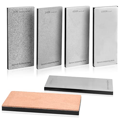 Tiweio Diamond Sharpening Stone 2 Side Grit and Stropping Leather Strop 6PCS set, 80/180/240/400/600/800/1000/1500/2000/3000 Grit Kitchen Whetstone Honing Stone, Sharpening Dull Knives Grindstone Tool - Image 1