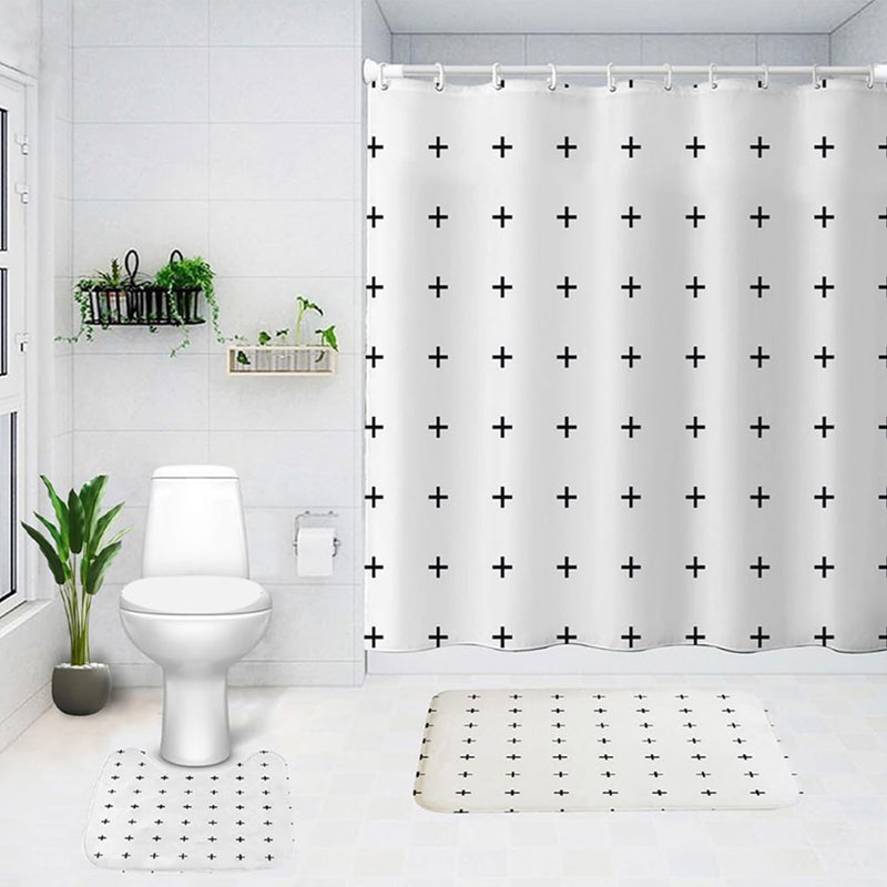 The Better Home Shower Curtain & Bathroom Mat Set (3pc) | 6 Ft Shower Curtains for Bathroom| U-Shaped Anti Skid Mat for Bathroom Floor | Non Slip Mat for Bathroom | Mold Resistant | Black Cross - Image 1