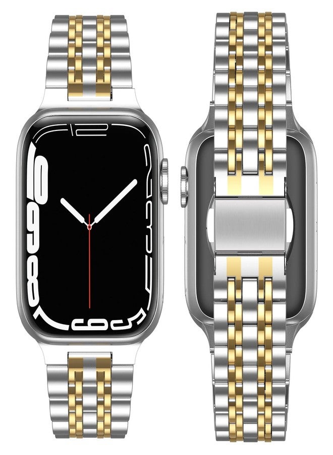 Anlinser Metal Bands Compatible with Apple Watch Band 49mm 46mm 45mm 44mm 42mm for Women Men, Stainless Steel Replacement Strap for iWatch Ultra 3/2/1 Series 11 10 9 8 7-1 SE (Silver Gold) - Image 3
