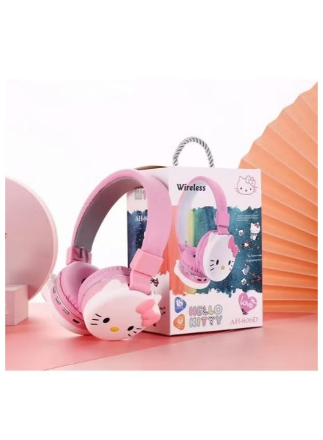 هالو كيتي سماعات أذن لاسلكية للأطفال، سماعات بلوتوث لطيفة للأولاد والبنات مع ميكروفون، هالو كيتي وردي، فوق الأذن وردي