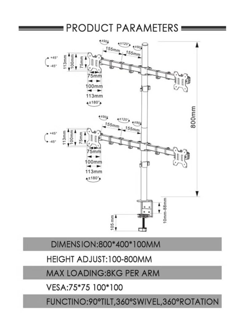 ELTRAZONE LED LCD Monitor Desk Mount Adjustable Stand – Heavy Duty 4-Screen Holder for 14"-26" Monitors, Height Adjustable, Ideal for Gaming, Trading, Video Editing & Surveillance - Image 4
