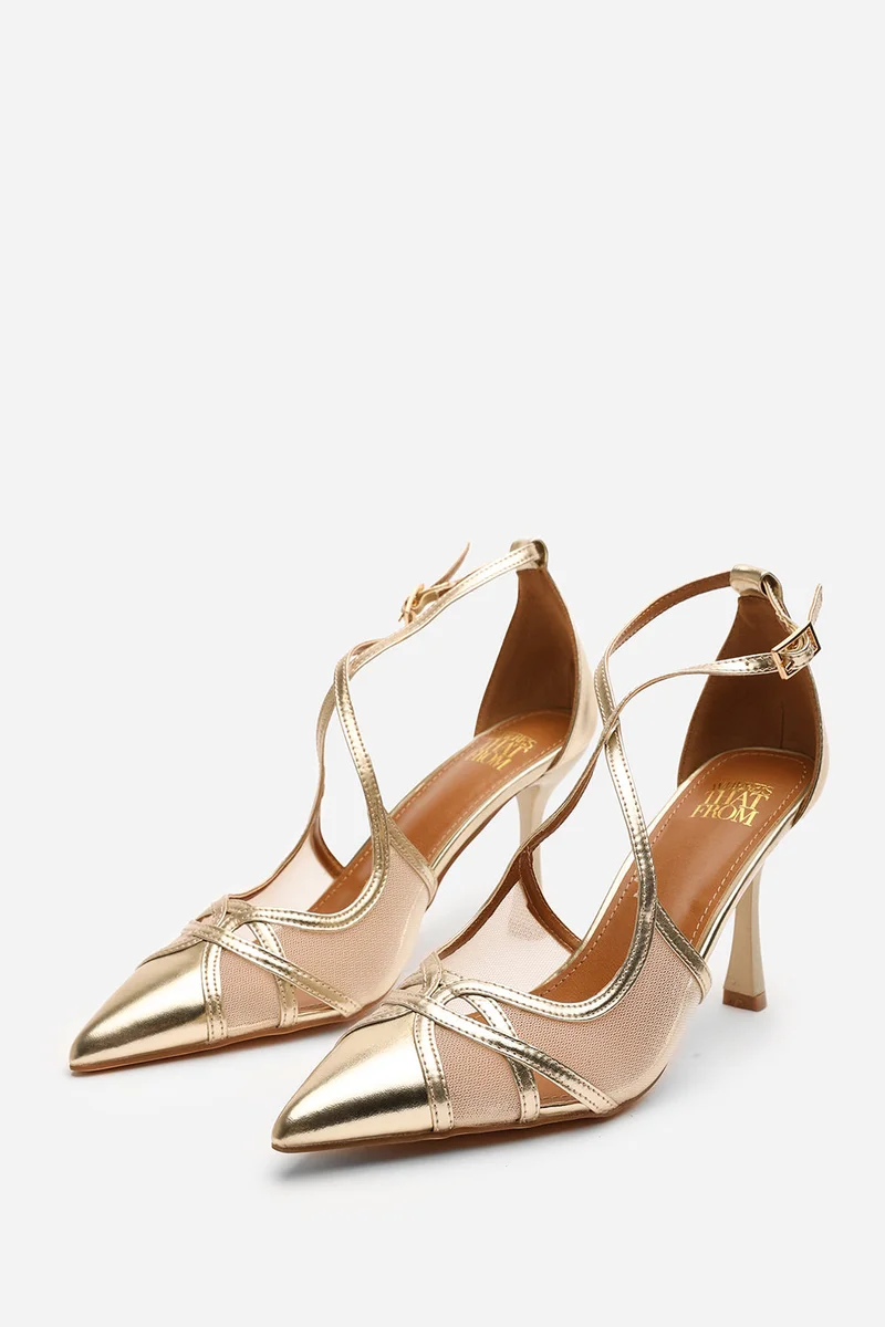 Where's That From Katherine Strappy Pointed Toe High Mesh Heels In Gold Metallic Finish.
