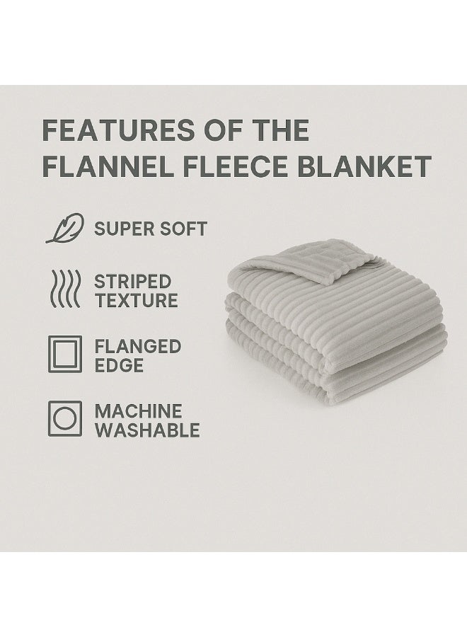 Striped Flannel Fleece Blanket, Super Soft Plush King Size 220x240cm – Light Grey - Image 5