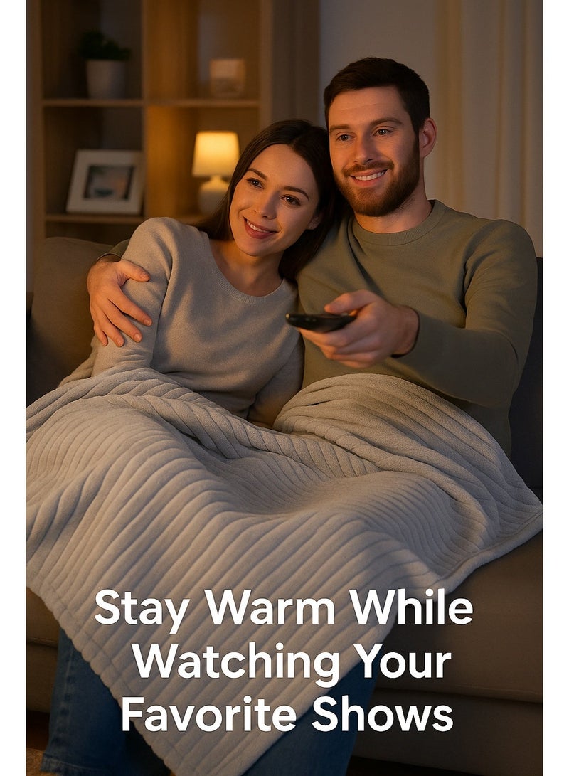 Striped Flannel Fleece Blanket, Super Soft Plush King Size 220x240cm – Light Grey - Image 3