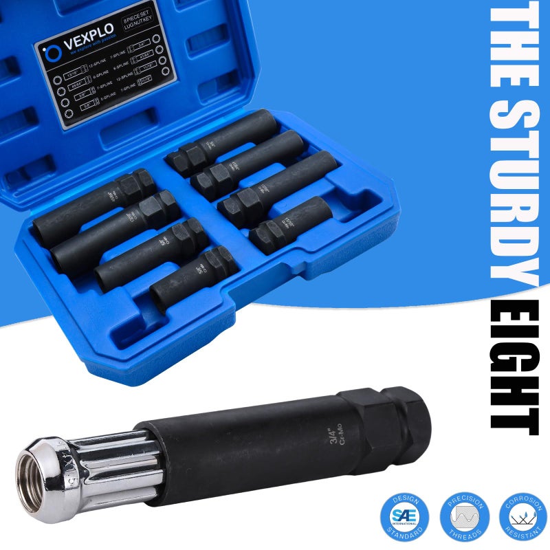 VEXPLO Spline Lug Nut Socket Set, 8 Piece SAE & Metric Locking Lug Nut Removal Tool, Wheel Lock Removal Kit for Easy Removing of Aftermarket & Factory Wheel Lug Nuts - Image 5