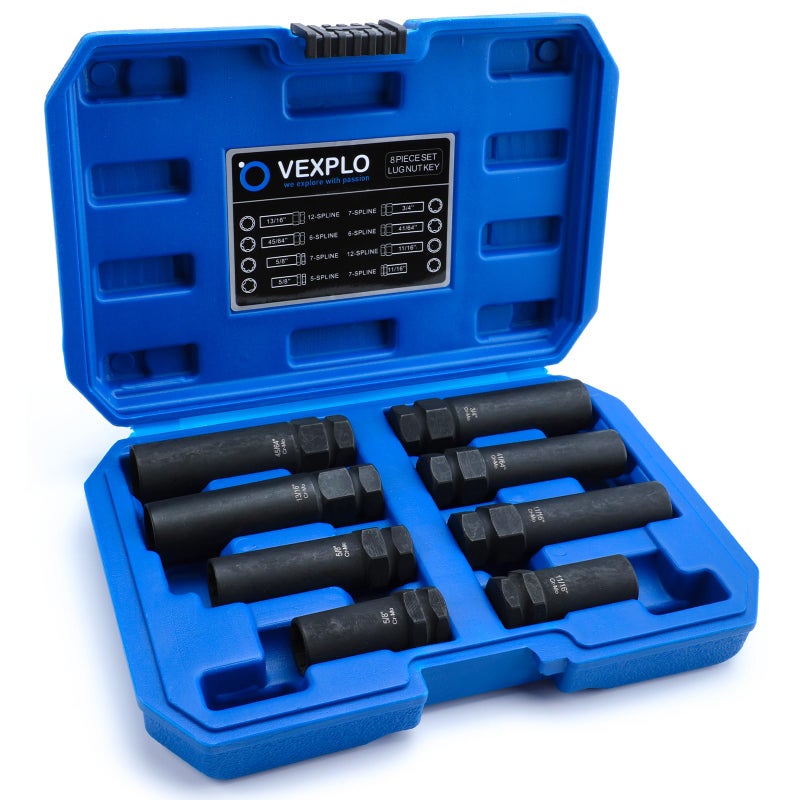VEXPLO Spline Lug Nut Socket Set, 8 Piece SAE & Metric Locking Lug Nut Removal Tool, Wheel Lock Removal Kit for Easy Removing of Aftermarket & Factory Wheel Lug Nuts - Image 1