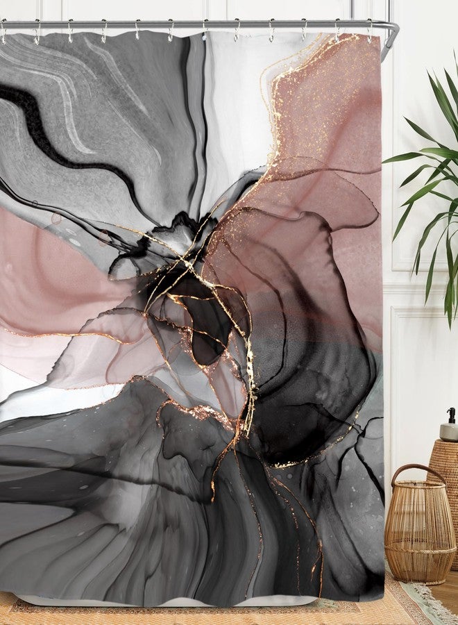 Miyotaa Marble Shower Curtain Set 60Wx71H Inches Black Pink Blush Modern Abstract Ombre Art Contemporary Women Watercolor Polyester Waterproof Bathroom Curtain with 12 Hooks - Image 1