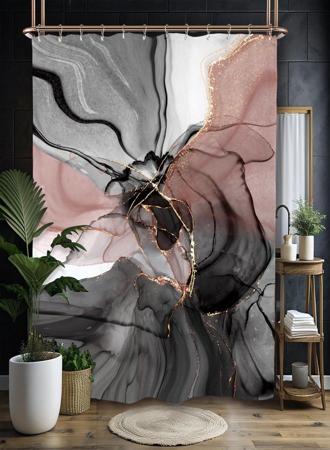 Miyotaa Marble Shower Curtain Set 60Wx71H Inches Black Pink Blush Modern Abstract Ombre Art Contemporary Women Watercolor Polyester Waterproof Bathroom Curtain with 12 Hooks - Image 2
