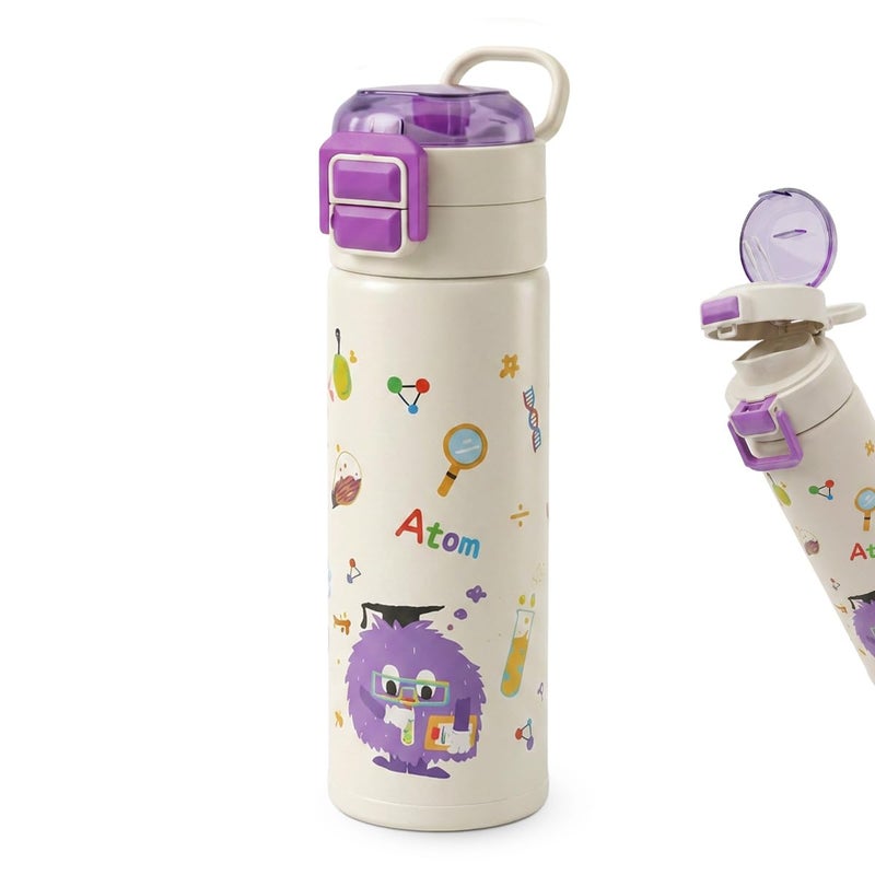 Insulated Water Bottle 500ml Stainless Steel Vacuum Bottle With Straw Lid And Carry Handle, Leak Proof BPA Free Bottle For Hot And Cold Drinks Travel School Picnic F-1117 (Purple) - Image 1