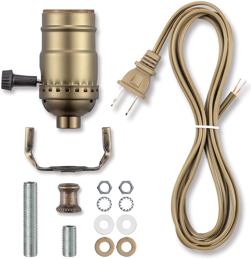 Qc Lamp Making Kit, Lamp Parts for Repair Replacement or Rewire Table and Floor Lamps, 3 Way Socket 12 Foot Matching Cord and Essential Hardware, DIY Lamp Kits for Do It Yourself (Antique Brass) - Image 1