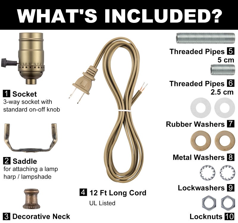 Qc Lamp Making Kit, Lamp Parts for Repair Replacement or Rewire Table and Floor Lamps, 3 Way Socket 12 Foot Matching Cord and Essential Hardware, DIY Lamp Kits for Do It Yourself (Antique Brass) - Image 2