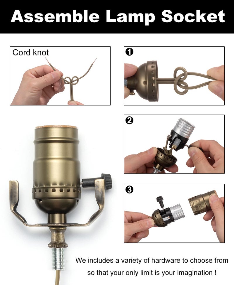Qc Lamp Making Kit, Lamp Parts for Repair Replacement or Rewire Table and Floor Lamps, 3 Way Socket 12 Foot Matching Cord and Essential Hardware, DIY Lamp Kits for Do It Yourself (Antique Brass) - Image 4