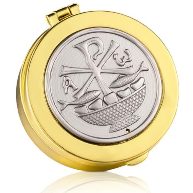 Pyx for Communion Host الكاثوليكية المصقولة بالذهب النحاسي اللاتيني الصليب Pyx/صندوق تذكار للكهنة المقدسين الشمامسة هدية مقدسة، 1.97 سم - Image 1