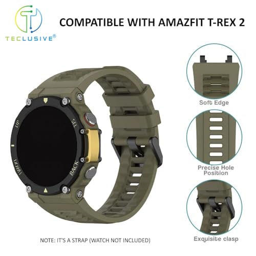 T TECLUSIVE حزام سيليكون T TECLUSIVE متوافق مع Amazfit T Rex 2 | حزام سيليكون مطاطي قابل للتعديل مع أداة تركيب لـ Trex 2 - أداة محدثة (أخضر) - Image 2