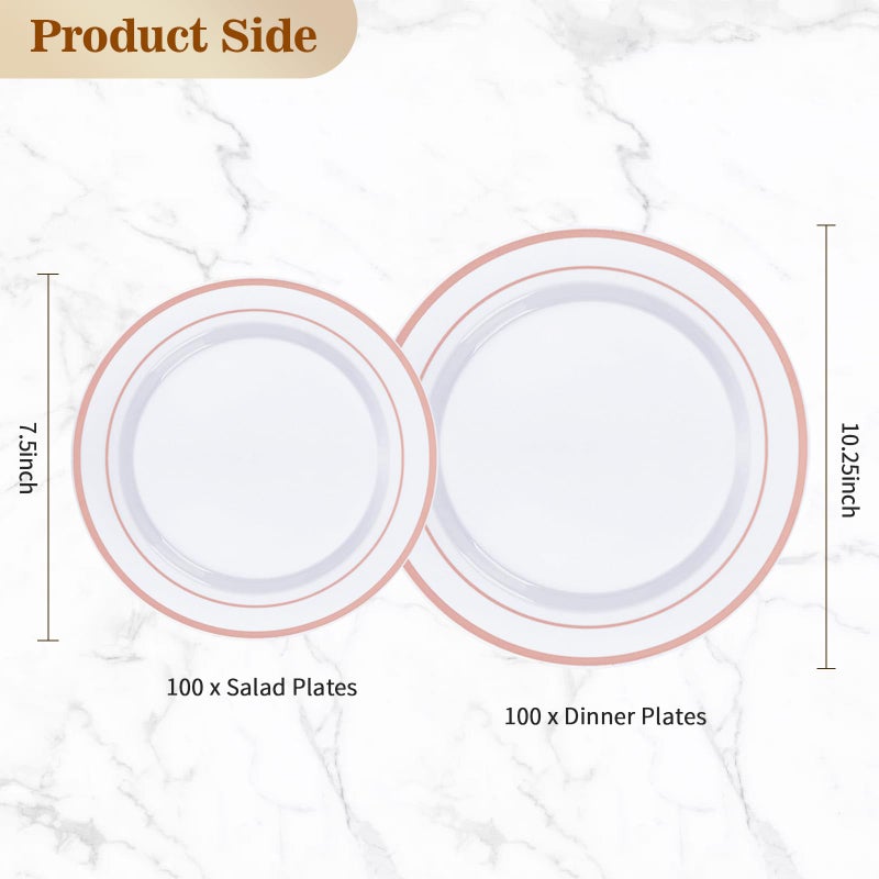 BESTVIP 200PCS Rose Gold Plastic Plate, Disposable Party Plates with 100 Dinner Plates and 100 Dessert Plates, Plastic Plates for Party, Wedding and Birthday - Image 4