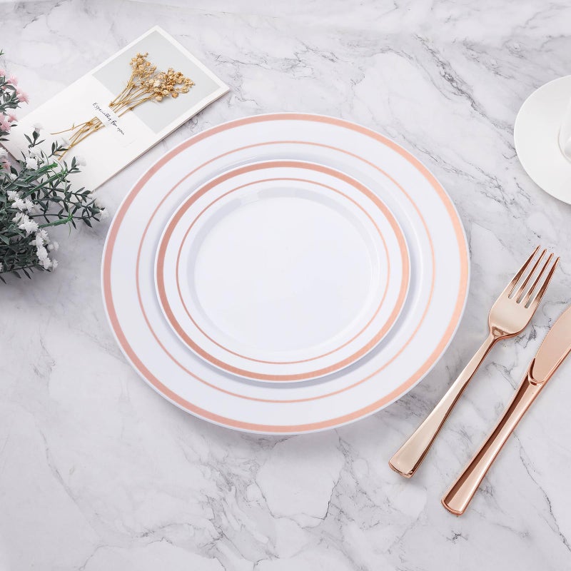 BESTVIP 200PCS Rose Gold Plastic Plate, Disposable Party Plates with 100 Dinner Plates and 100 Dessert Plates, Plastic Plates for Party, Wedding and Birthday - Image 5