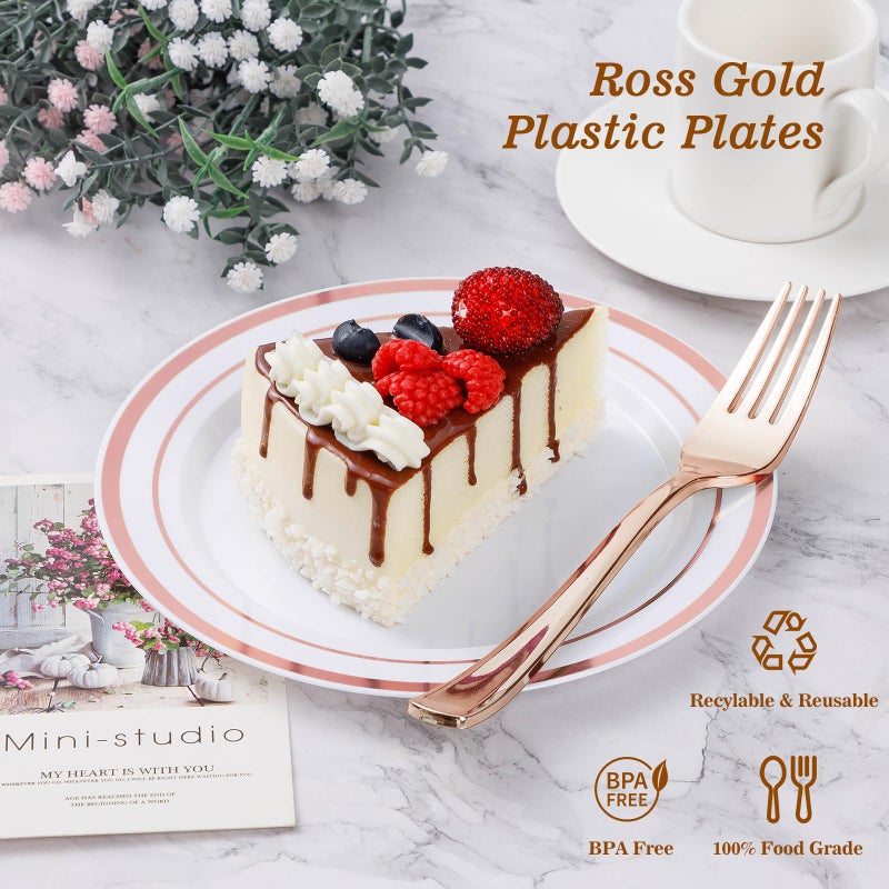 BESTVIP 200PCS Rose Gold Plastic Plate, Disposable Party Plates with 100 Dinner Plates and 100 Dessert Plates, Plastic Plates for Party, Wedding and Birthday - Image 2