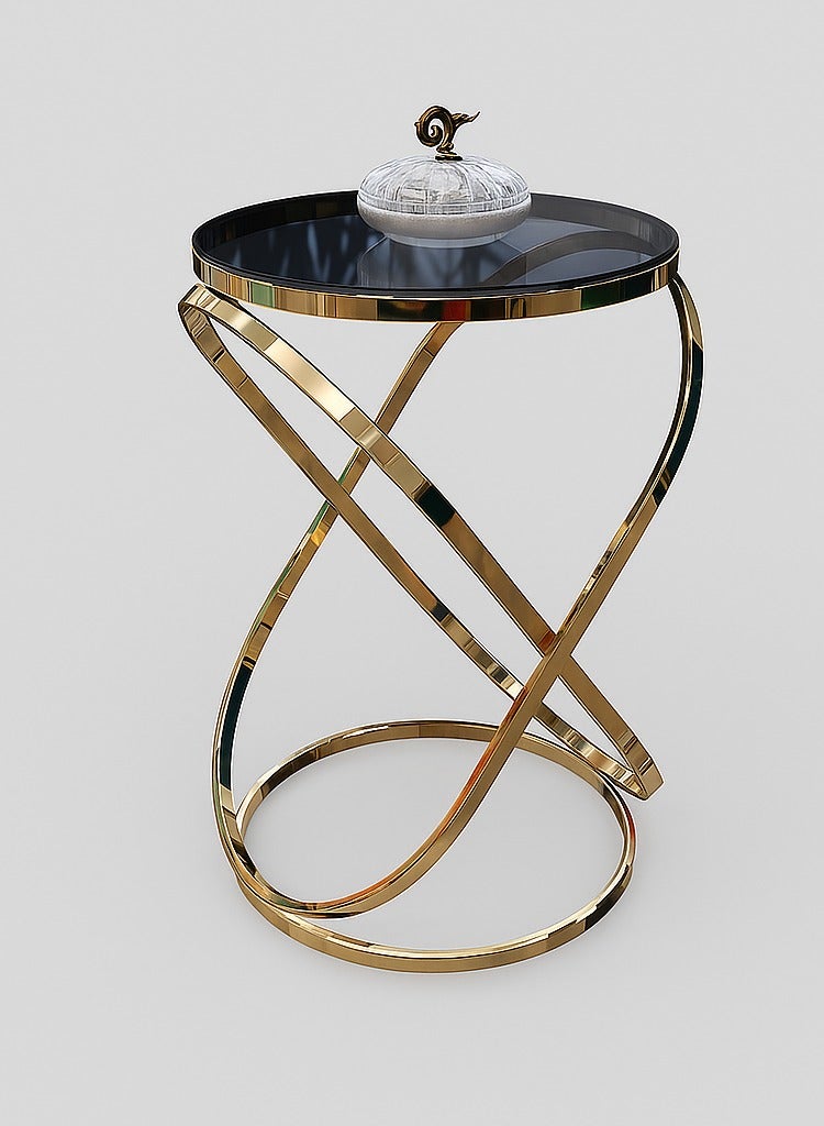 الماسة للأثاث المعدني  طاولة جانبية فاخرة من Masa Furniture بتصميم معدني عصري وقاعدة متشابكة – سطح زجاجي أنيق مثالي لغرف المعيشة والمكاتب 