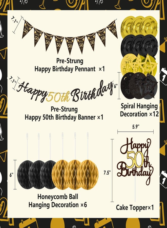 TMTECHJS 50th Birthday Decorations for Men Women Pre-strung Black Gold Happy 50th Birthday Banner with Honeycomb Balls Hanging Swirl Triangle Flag Cake Topper for 50 Year Old Birthday Party Supplies - Image 2