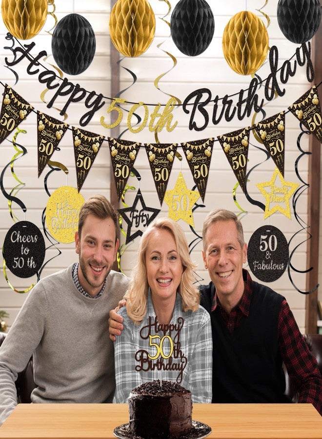 TMTECHJS 50th Birthday Decorations for Men Women Pre-strung Black Gold Happy 50th Birthday Banner with Honeycomb Balls Hanging Swirl Triangle Flag Cake Topper for 50 Year Old Birthday Party Supplies - Image 5