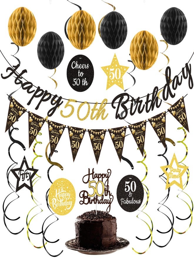 TMTECHJS 50th Birthday Decorations for Men Women Pre-strung Black Gold Happy 50th Birthday Banner with Honeycomb Balls Hanging Swirl Triangle Flag Cake Topper for 50 Year Old Birthday Party Supplies - Image 1