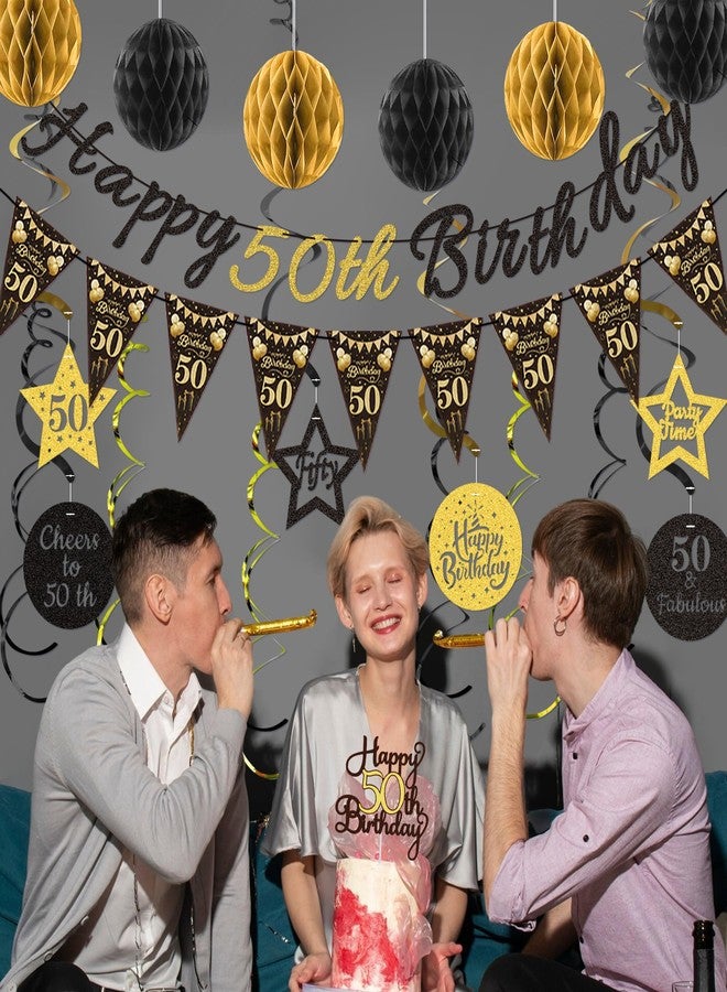 TMTECHJS 50th Birthday Decorations for Men Women Pre-strung Black Gold Happy 50th Birthday Banner with Honeycomb Balls Hanging Swirl Triangle Flag Cake Topper for 50 Year Old Birthday Party Supplies - Image 4