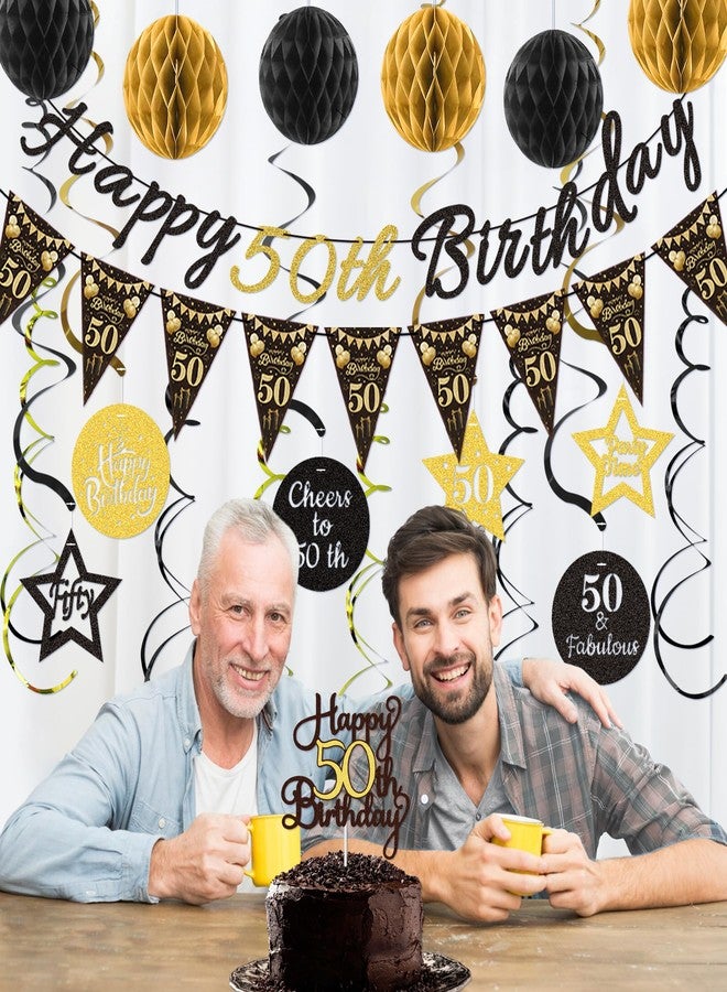TMTECHJS 50th Birthday Decorations for Men Women Pre-strung Black Gold Happy 50th Birthday Banner with Honeycomb Balls Hanging Swirl Triangle Flag Cake Topper for 50 Year Old Birthday Party Supplies - Image 3