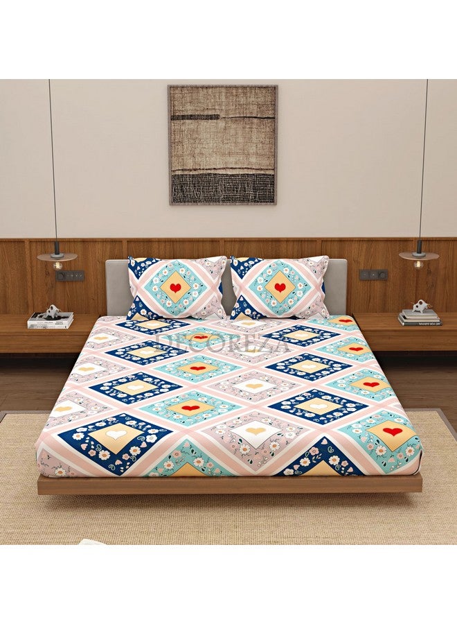 DECOREZA 320 TC Cotton Feel Glace Cotton Printed Elastic Fitted Queen Size Double Bed Bedsheet with 2 Pillow Covers|Fitted Bedsheets Queen Size 78 x 60 x 10 Inches (Damask Rangoli), Multicolor - Image 2