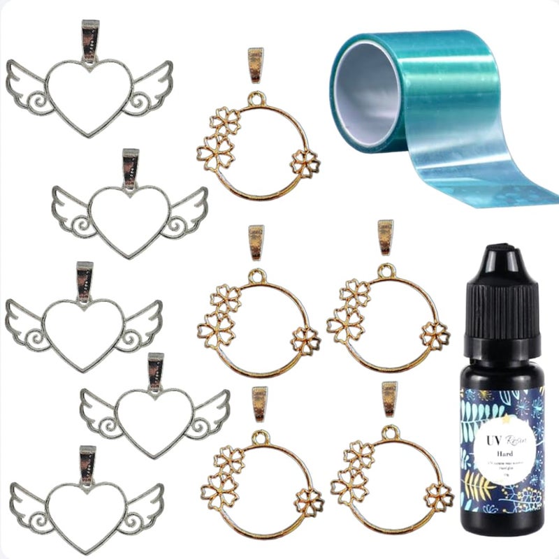 IRIKA Antique SilverCoated Pendant Bezel Combo Pack of 10 5 Heart 5 Flower Round Connector Rings UV Tape 10g UV Resin for Resin Art Craft Made in India  - Image 1