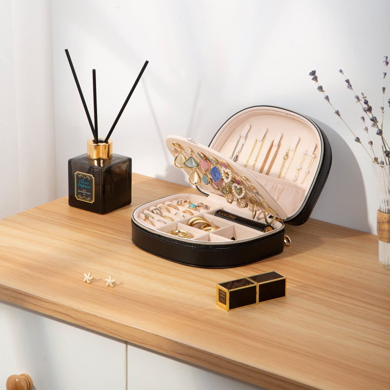 ProCase Travel Size Jewelry Box, Medium Portable Seashell-Shaped Jewelry Case, 2 Layer Jewelry Organizer in PU Leather for Women -Black - Image 2
