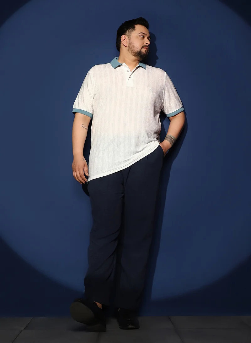 Instafab Plus Instafab Plus Men's White & Blue Contrast Texture Polo T-Shirt For Casual Wear | Polo Neck | Short Sleeves | Half-Button Closure | Plus Size T-Shirt Crafted With Comfort Fit For Everyday Wear