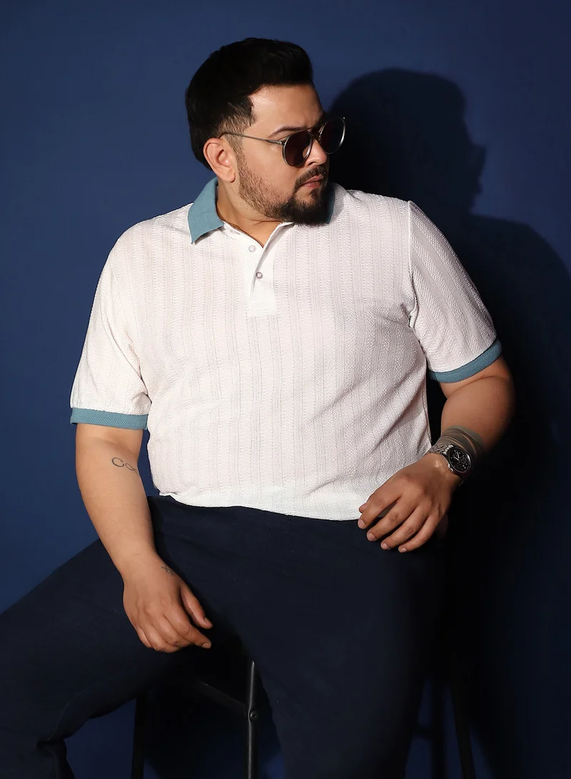 انستافاب بلس Instafab Plus Men's White & Blue Contrast Texture Polo T-Shirt For Casual Wear | Polo Neck | Short Sleeves | Half-Button Closure | Plus Size T-Shirt Crafted With Comfort Fit For Everyday Wear