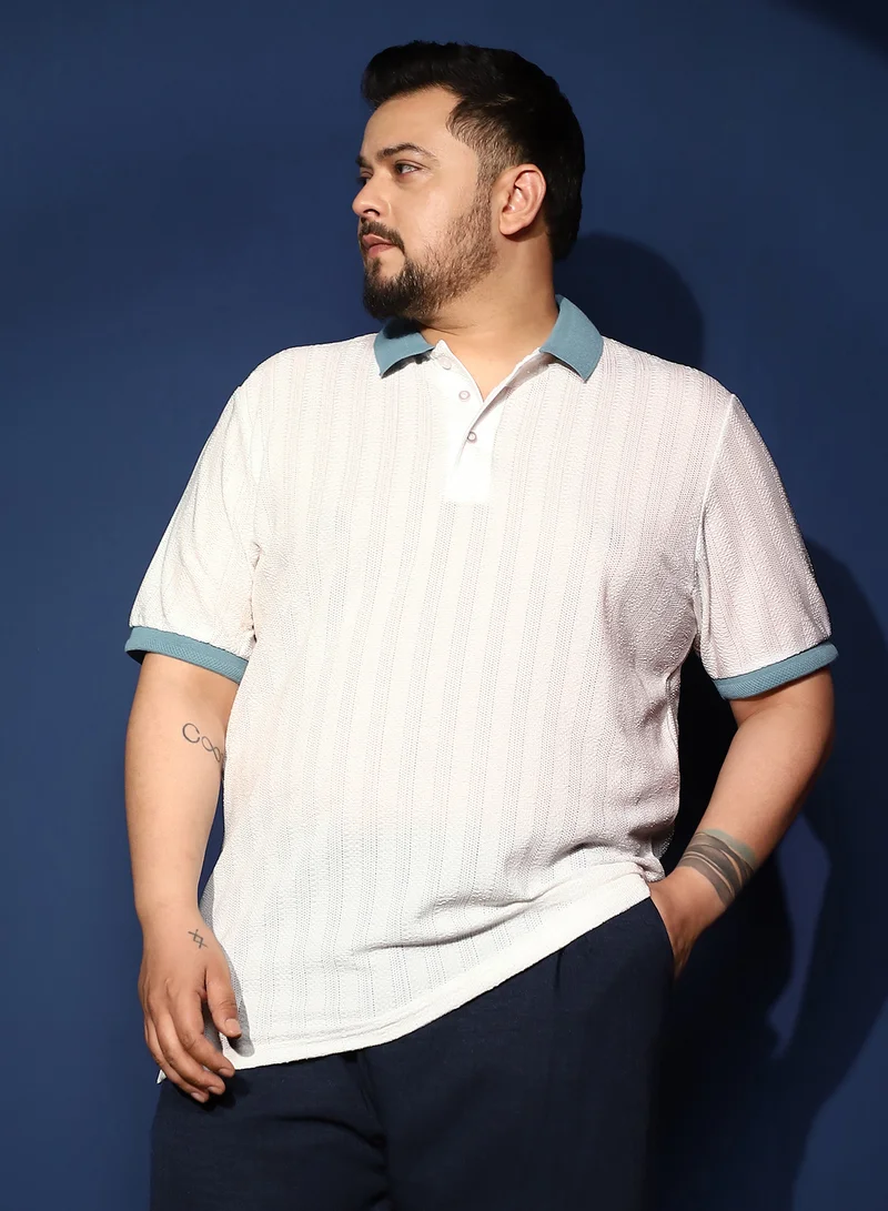 Instafab Plus Instafab Plus Men's White & Blue Contrast Texture Polo T-Shirt For Casual Wear | Polo Neck | Short Sleeves | Half-Button Closure | Plus Size T-Shirt Crafted With Comfort Fit For Everyday Wear