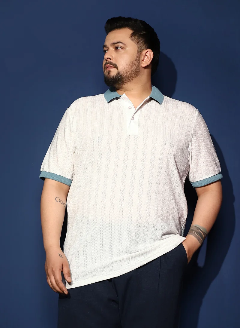 انستافاب بلس Instafab Plus Men's White & Blue Contrast Texture Polo T-Shirt For Casual Wear | Polo Neck | Short Sleeves | Half-Button Closure | Plus Size T-Shirt Crafted With Comfort Fit For Everyday Wear