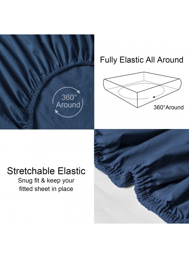 PHF PHF 100% Garment Washed Cotton Fitted Sheet Queen Size - Cozy Cloud Soft Linen Like Bottom Sheet Only with Elastic Deep Pockets, Easy Fit Breathable Warm not Shrink,60"x 80",Navy Blue, No Pillowcase  - Image 4