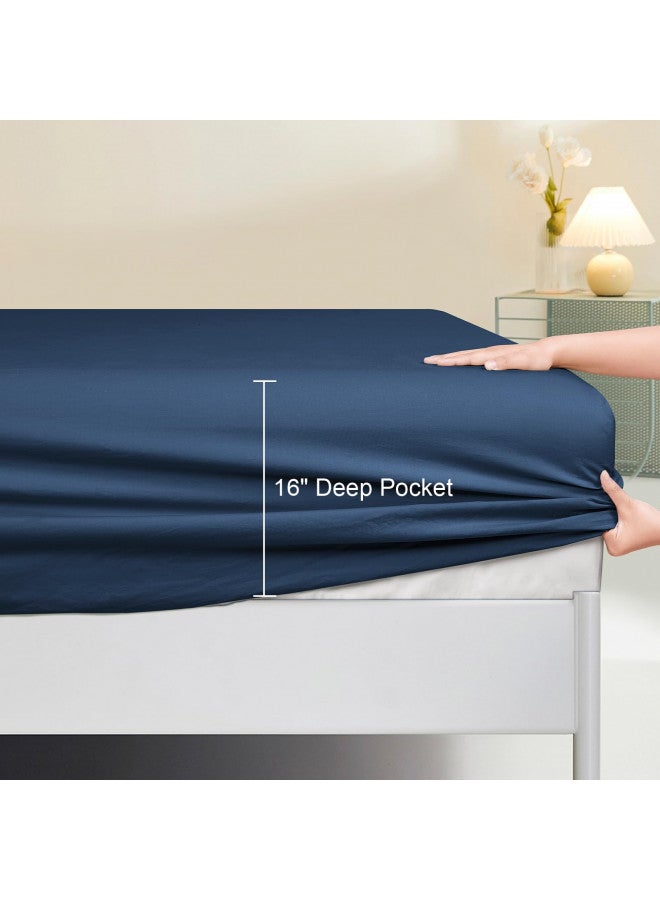 PHF PHF 100% Garment Washed Cotton Fitted Sheet Queen Size - Cozy Cloud Soft Linen Like Bottom Sheet Only with Elastic Deep Pockets, Easy Fit Breathable Warm not Shrink,60"x 80",Navy Blue, No Pillowcase  - Image 3