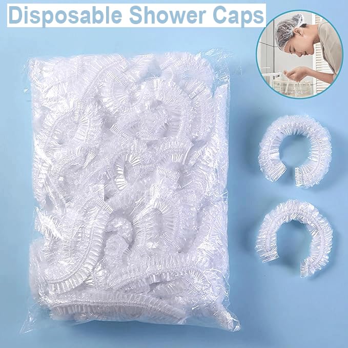 PIRU Disposable Shower Caps Pack of 100 – Clear Waterproof Plastic Hair Bath Caps with Elastic, Free Size, Reusable & Portable Shower Head Covers for Men & Women, Hotels, Spa, Salon, Travel & Home Use - Image 5