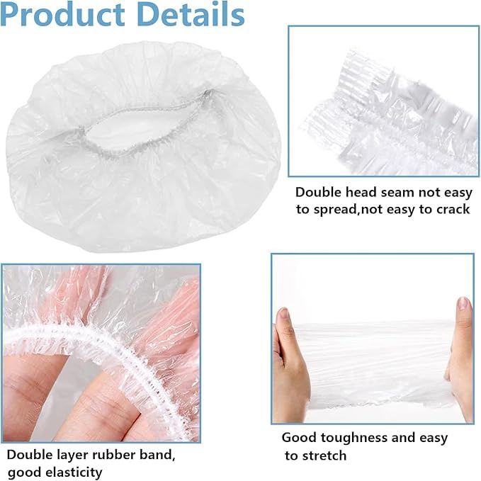PIRU Disposable Shower Caps Pack of 100 – Clear Waterproof Plastic Hair Bath Caps with Elastic, Free Size, Reusable & Portable Shower Head Covers for Men & Women, Hotels, Spa, Salon, Travel & Home Use - Image 3